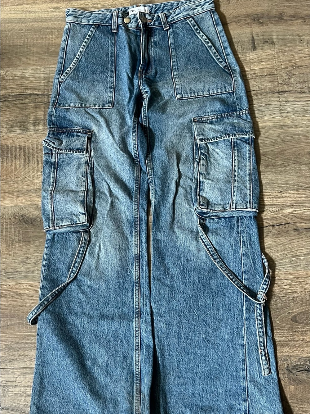 Zara Denim Cargo Wide-Leg Jeans - Blue Wash